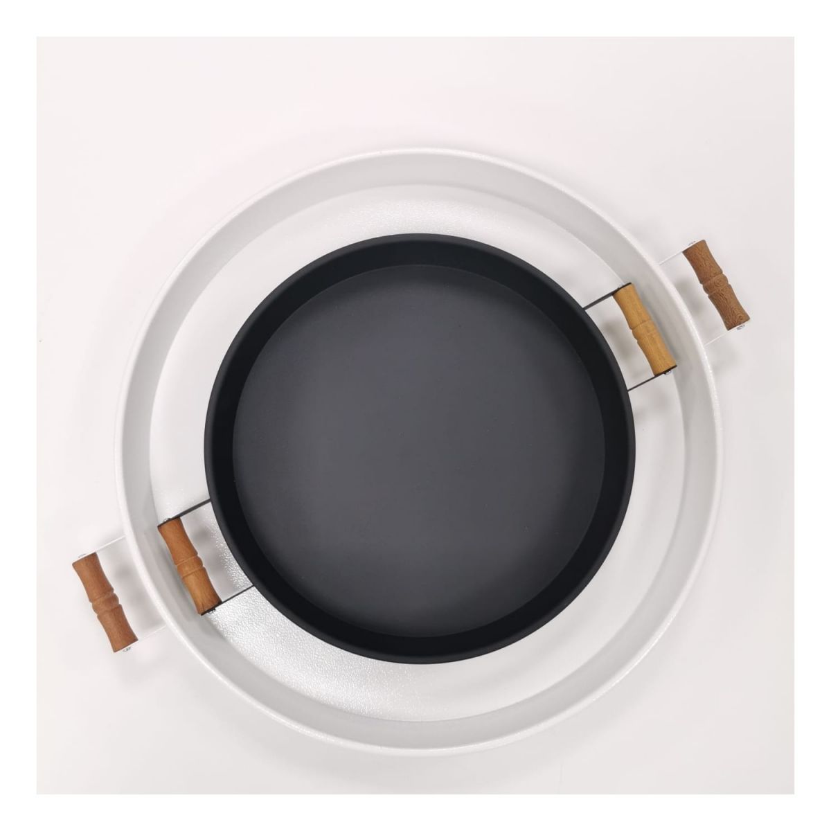 Kitchen Trend 51 cm Beyaz 37 cm Siyah 2 Li Metal Yuvarlak Tepsi Sunum Tepsisi Çay Kahve Tepsisi