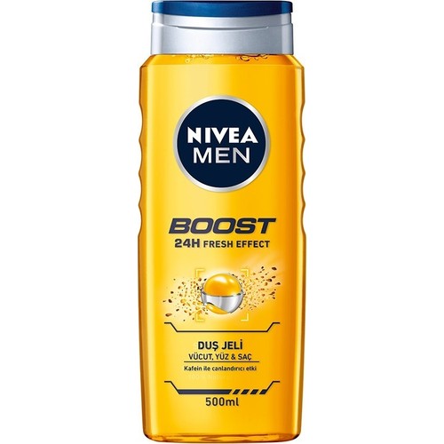 NIVEA Men Boost Duş Jeli 500 ml, 3'ü 1 Arada Komple Bakım, Vücut, Saç ve Yüz için, Kafein ile Canlandırıcı Bakım
