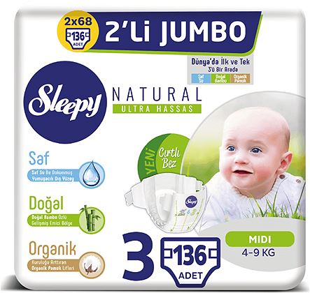Sleepy Natural İkili Jumbo Bebek Bezi 3 Numara 2 Paket (136 Adet)